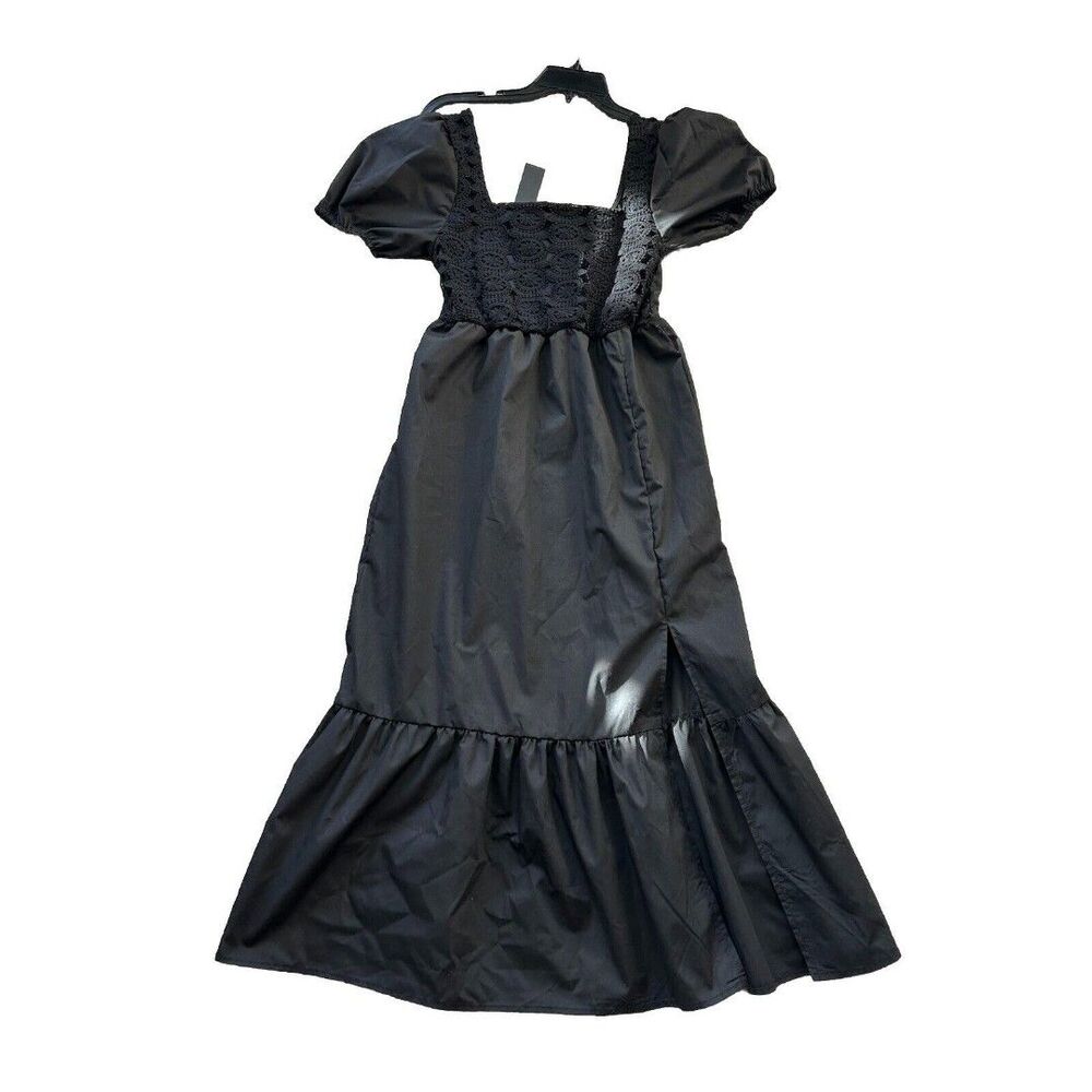 L.N.V Puff Sleeve Midi Dress Peasant Boho Ruffled Hem Black Size Small, NWT.